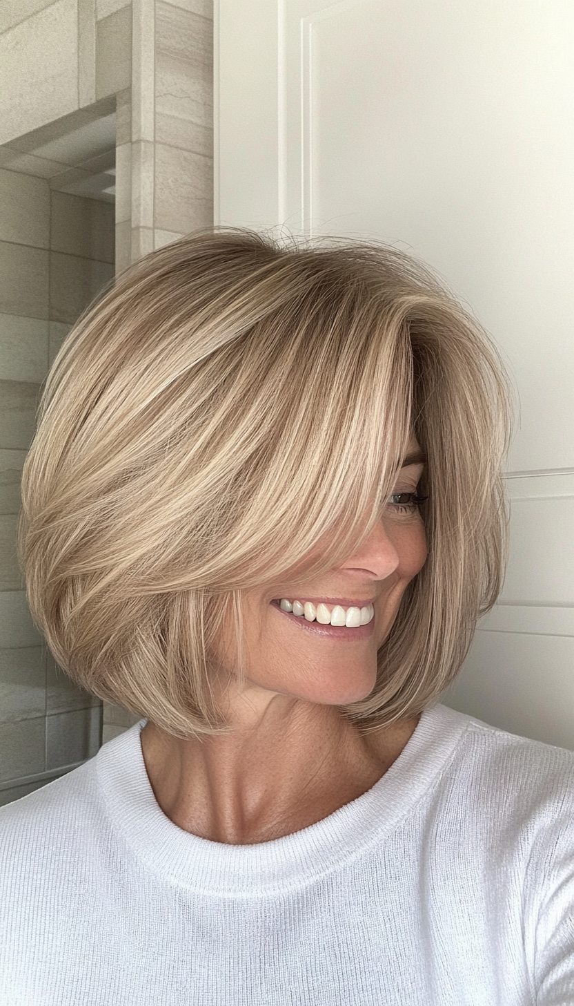 9. Feathered Bob in Sandy Blonde (Bob Hairstyles For Women Over 40) - Bob Hairstyles For Women Over 40