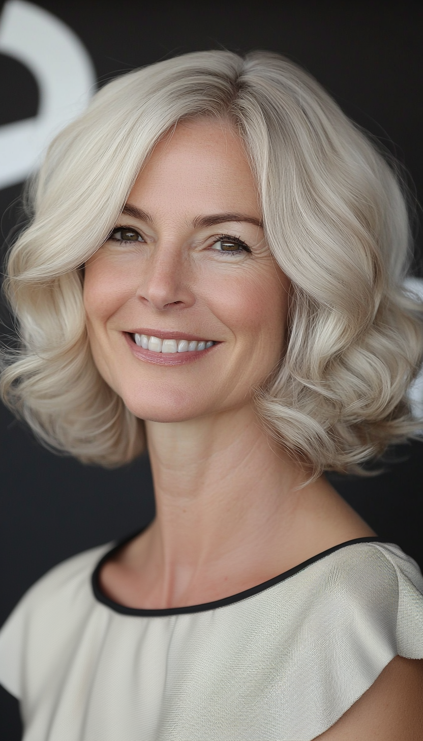 15. Soft Curled Bob in Light Ash Blonde (Bob Hairstyles For Women Over 40) - Bob Hairstyles For Women Over 40