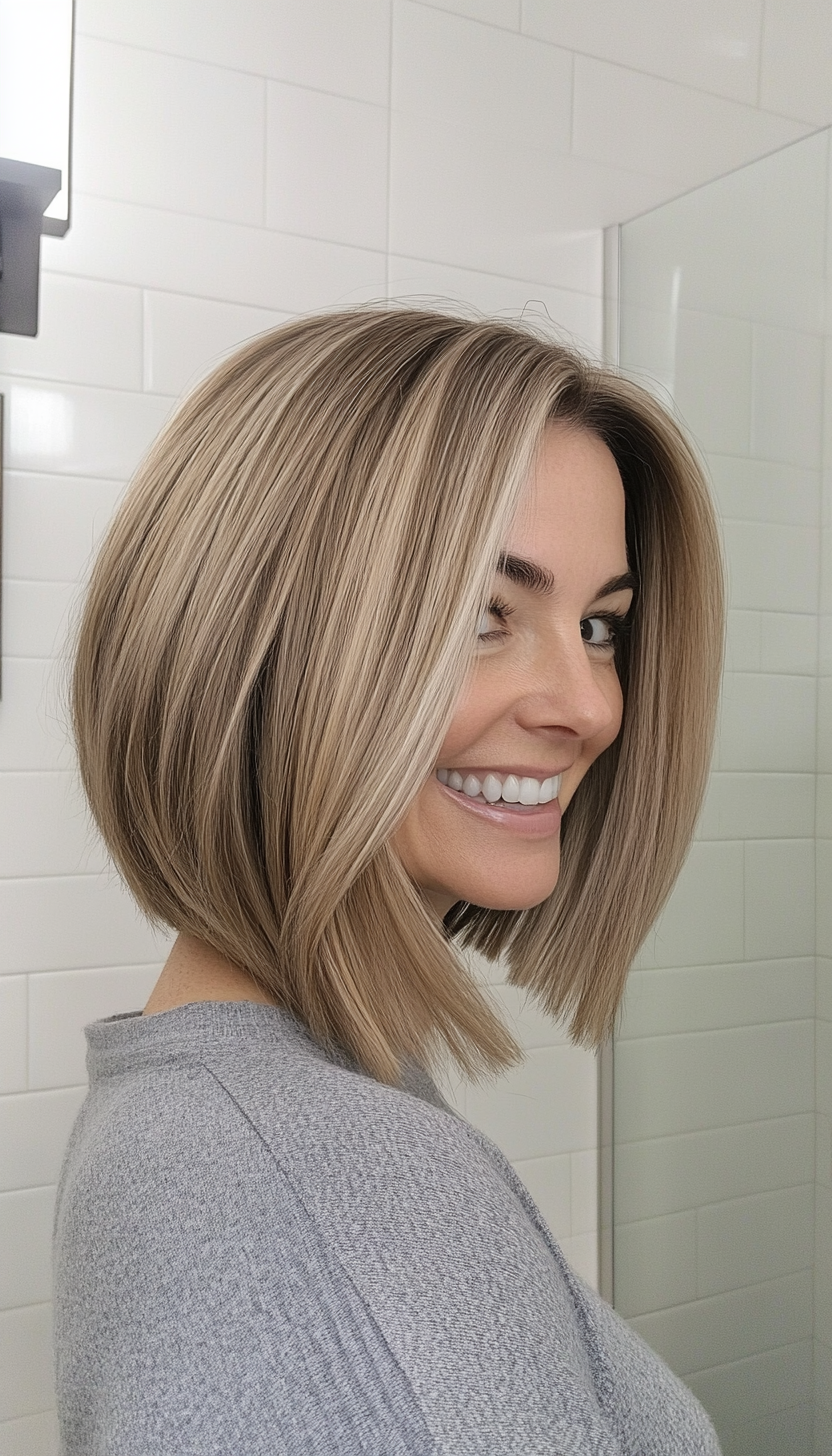 18. Stacked Bob in Natural Beige Blonde (Bob Hairstyles For Women Over 40) - Bob Hairstyles For Women Over 40