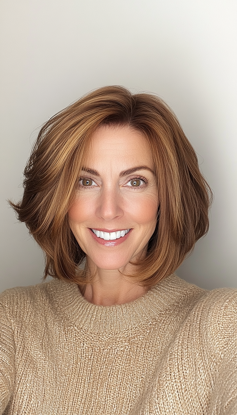 22. Voluminous Bob in Warm Amber Brown (Bob Hairstyles For Women Over 40) - Bob Hairstyles For Women Over 40