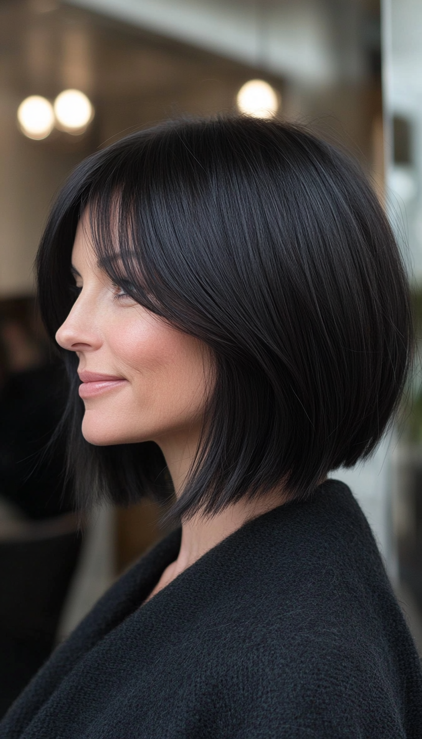 23. Long Bob with Bangs in Natural Black (Bob Hairstyles For Women Over 40) - Bob Hairstyles For Women Over 40