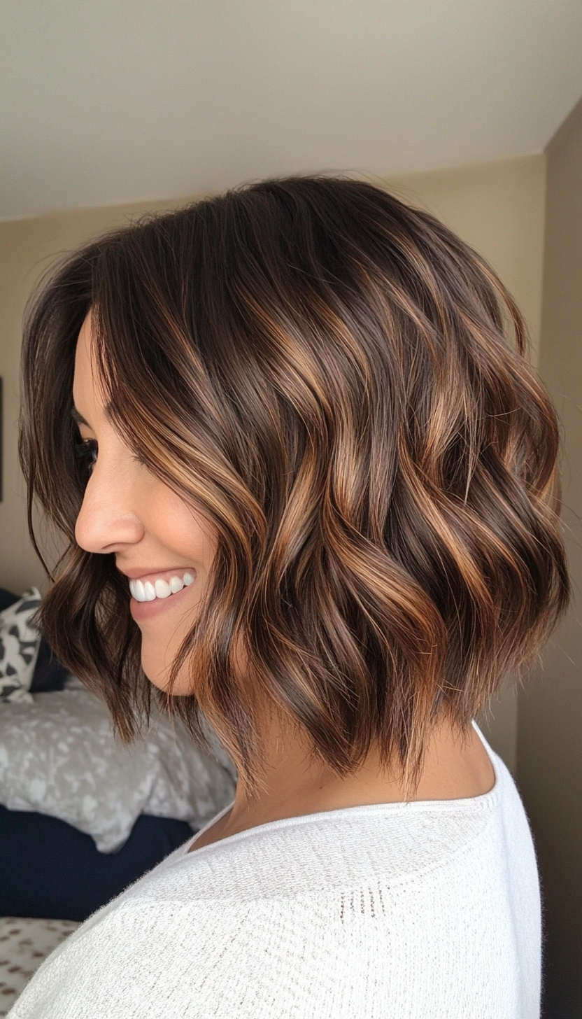 24. Layered Wavy Bob in Dark Honey Brown (Bob Hairstyles For Women Over 40) - Bob Hairstyles For Women Over 40