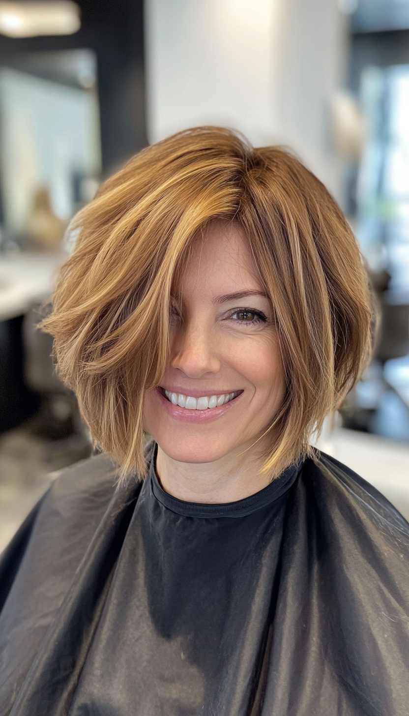 25. Fringed Bob in Medium Golden Brown (Bob Hairstyles For Women Over 40) - Bob Hairstyles For Women Over 40