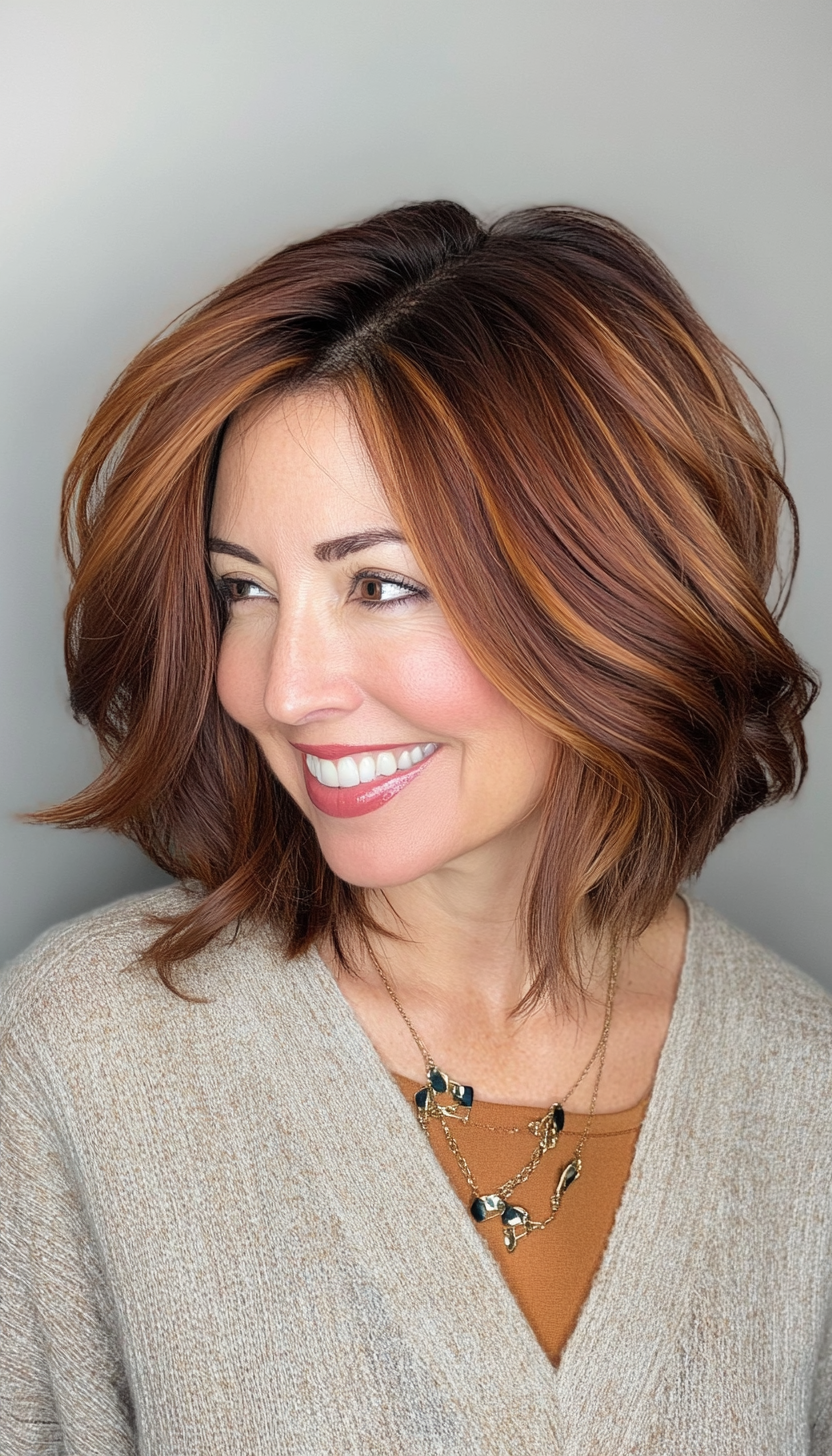 26. Curved Bob in Cinnamon Brown (Bob Hairstyles For Women Over 40) - Bob Hairstyles For Women Over 40