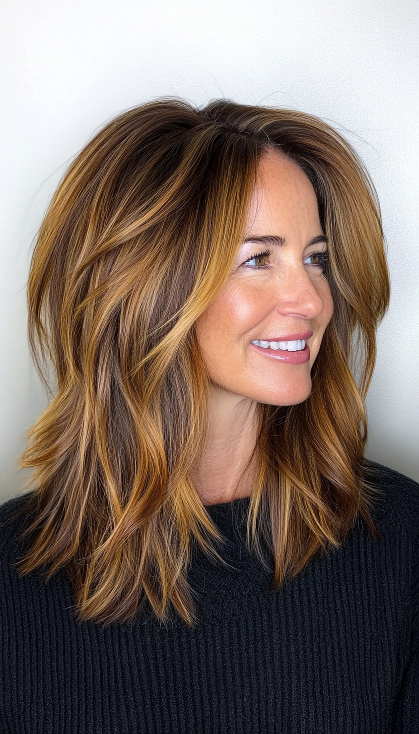 5. Textured Lob in Caramel Brown (Hairstyles For Women Over 50) - Hairstyles For Women Over 50