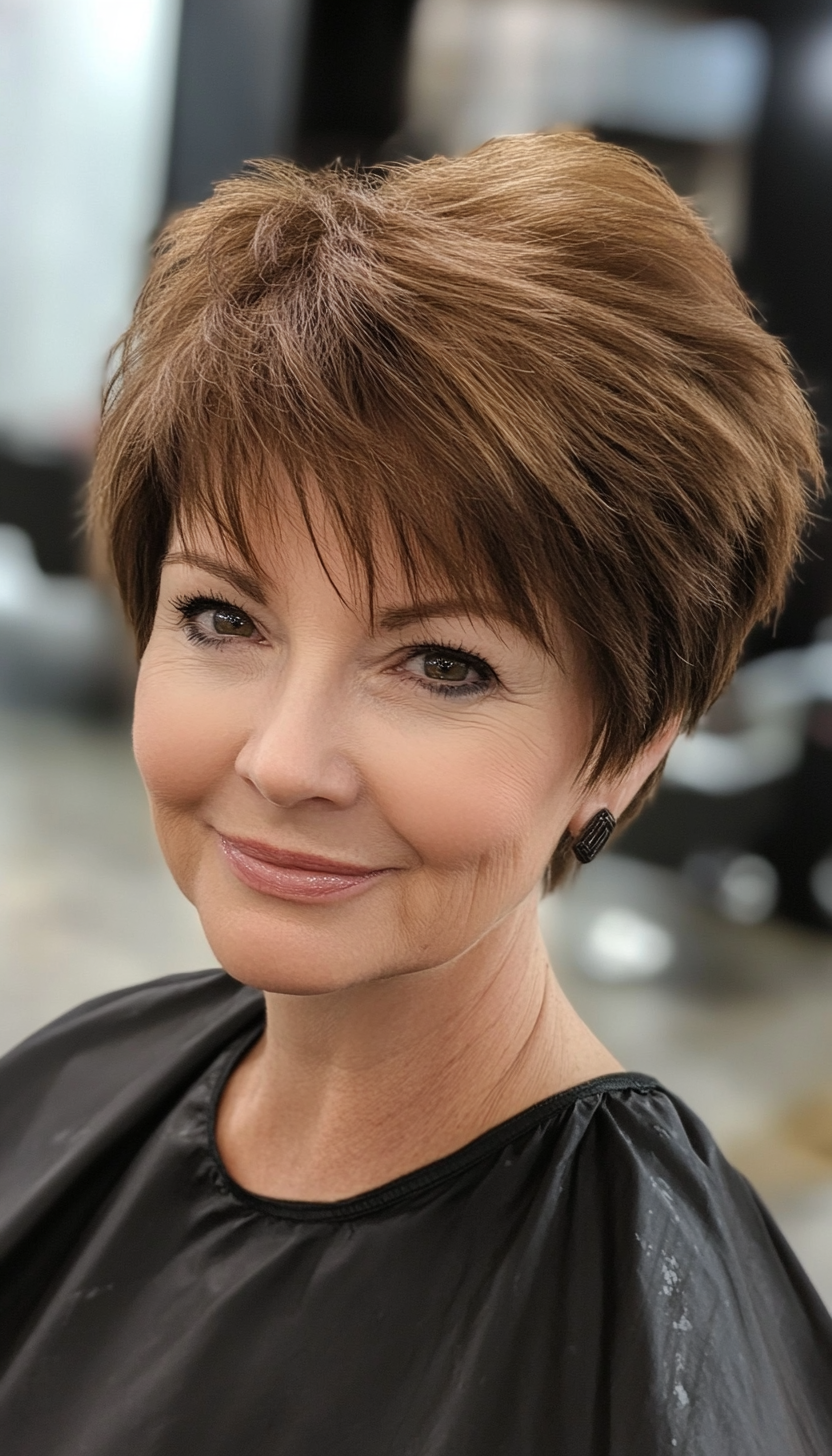 9. Layered Pixie in Smoky Brown (Hairstyles For Women Over 50) - Hairstyles For Women Over 50