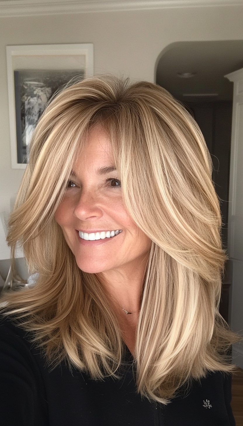 15. Layered Lob in Soft Honey Blonde (Hairstyles For Women Over 50) - Hairstyles For Women Over 50