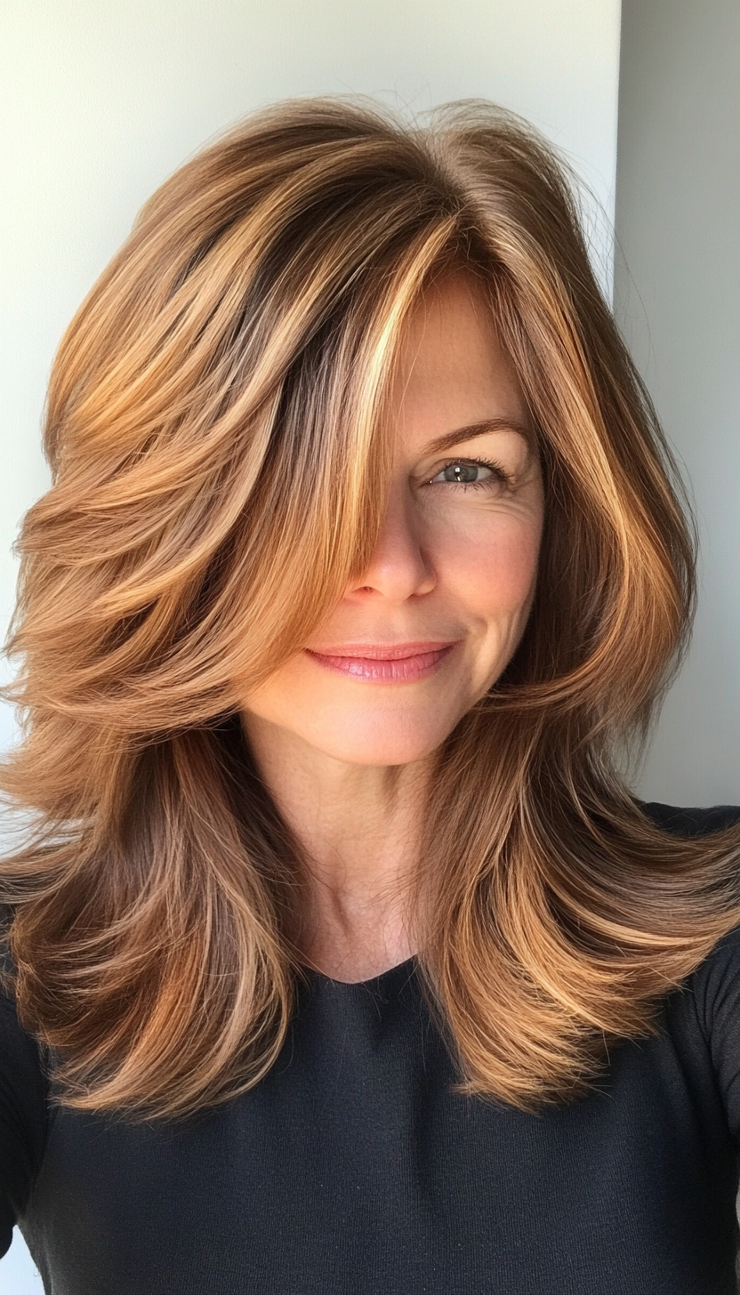 20. Side-Swept Layers in Golden Brown (Hairstyles For Women Over 50) - Hairstyles For Women Over 50