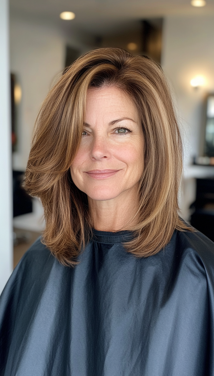 21. The Sleek Lob in Light Caramel (Hairstyles For Women Over 50) - Hairstyles For Women Over 50
