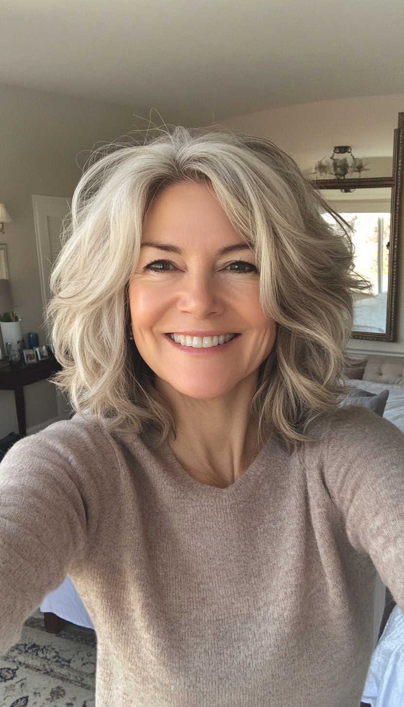 22. Shaggy Layers in Natural Salt-and-Pepper (Hairstyles For Women Over 50) - Hairstyles For Women Over 50