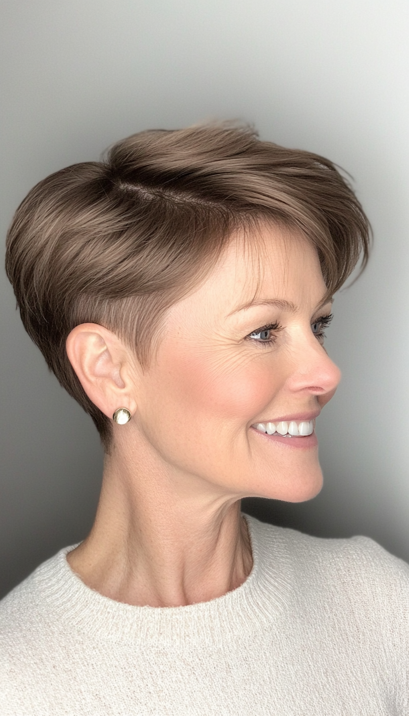 24. The Polished Pixie in Warm Walnut (Hairstyles For Women Over 50) - Hairstyles For Women Over 50
