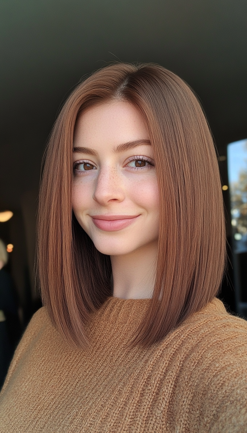 2. Warm Chestnut Lob with Subtle Texture (Hairstyles For Thin Straight Hair) - Hairstyles For Thin Straight Hair