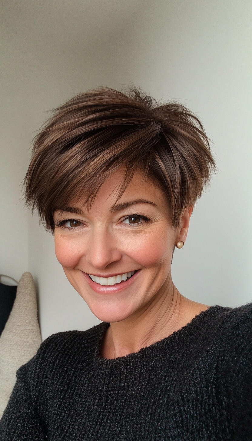 4. Espresso Feathered Pixie (Hairstyles For Thin Straight Hair) - Hairstyles For Thin Straight Hair