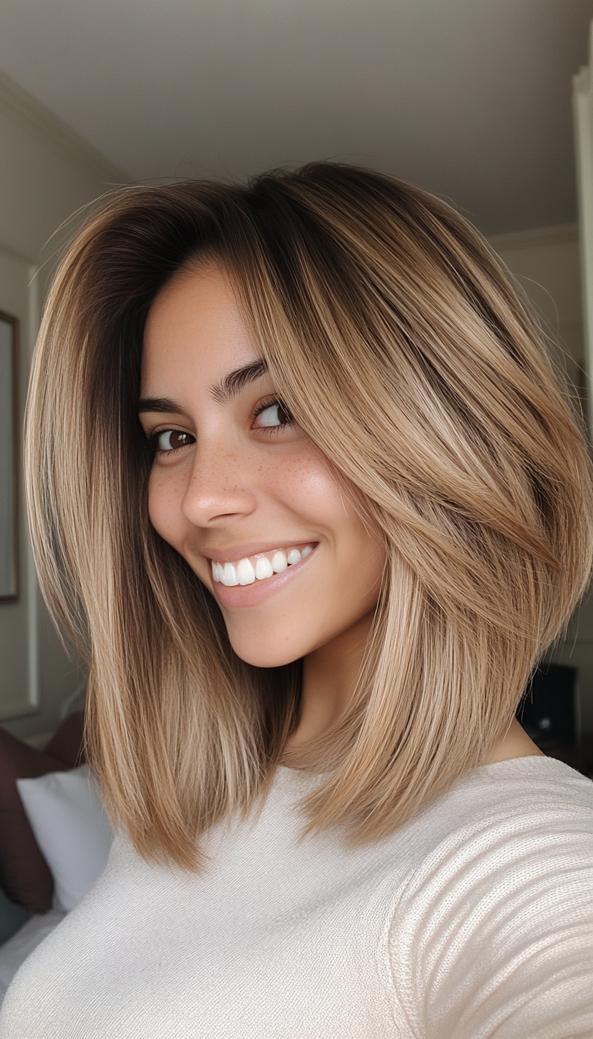 6. Caramel Layered Bob with Wispy Ends (Hairstyles For Thin Straight Hair) - Hairstyles For Thin Straight Hair