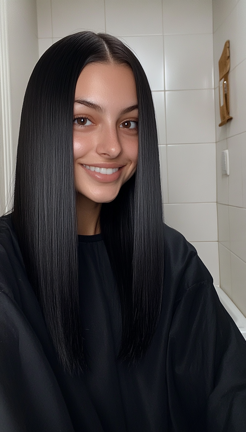 12. Natural Black Straight Lob (Hairstyles For Thin Straight Hair) - Hairstyles For Thin Straight Hair