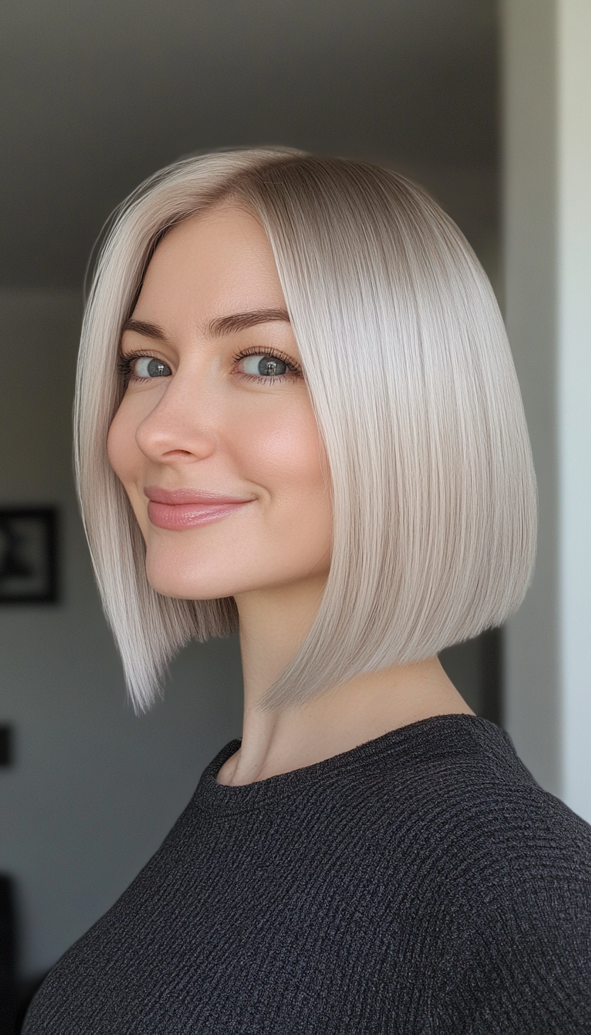 16. Platinum Blonde Sleek Bob (Hairstyles For Thin Straight Hair) - Hairstyles For Thin Straight Hair