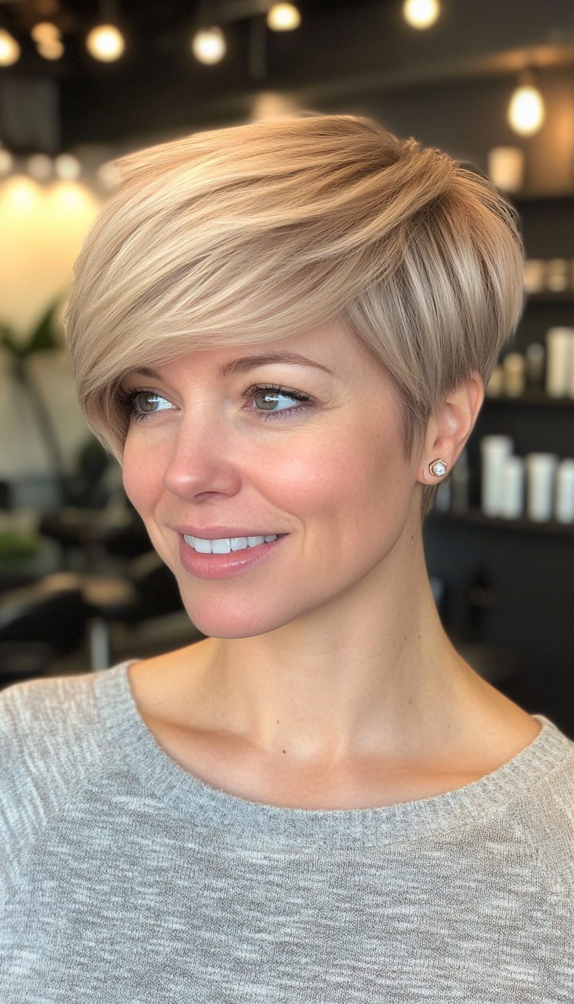20. Ash Blonde Pixie with Side Bangs (Hairstyles For Thin Straight Hair) - Hairstyles For Thin Straight Hair