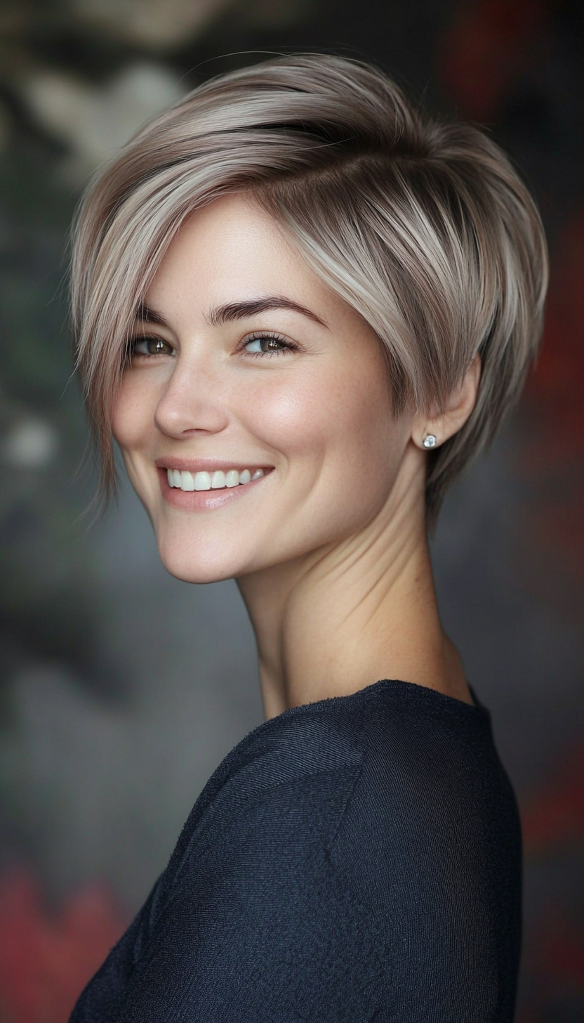 27. Cool Taupe Layered Pixie (Hairstyles For Thin Straight Hair) - Hairstyles For Thin Straight Hair
