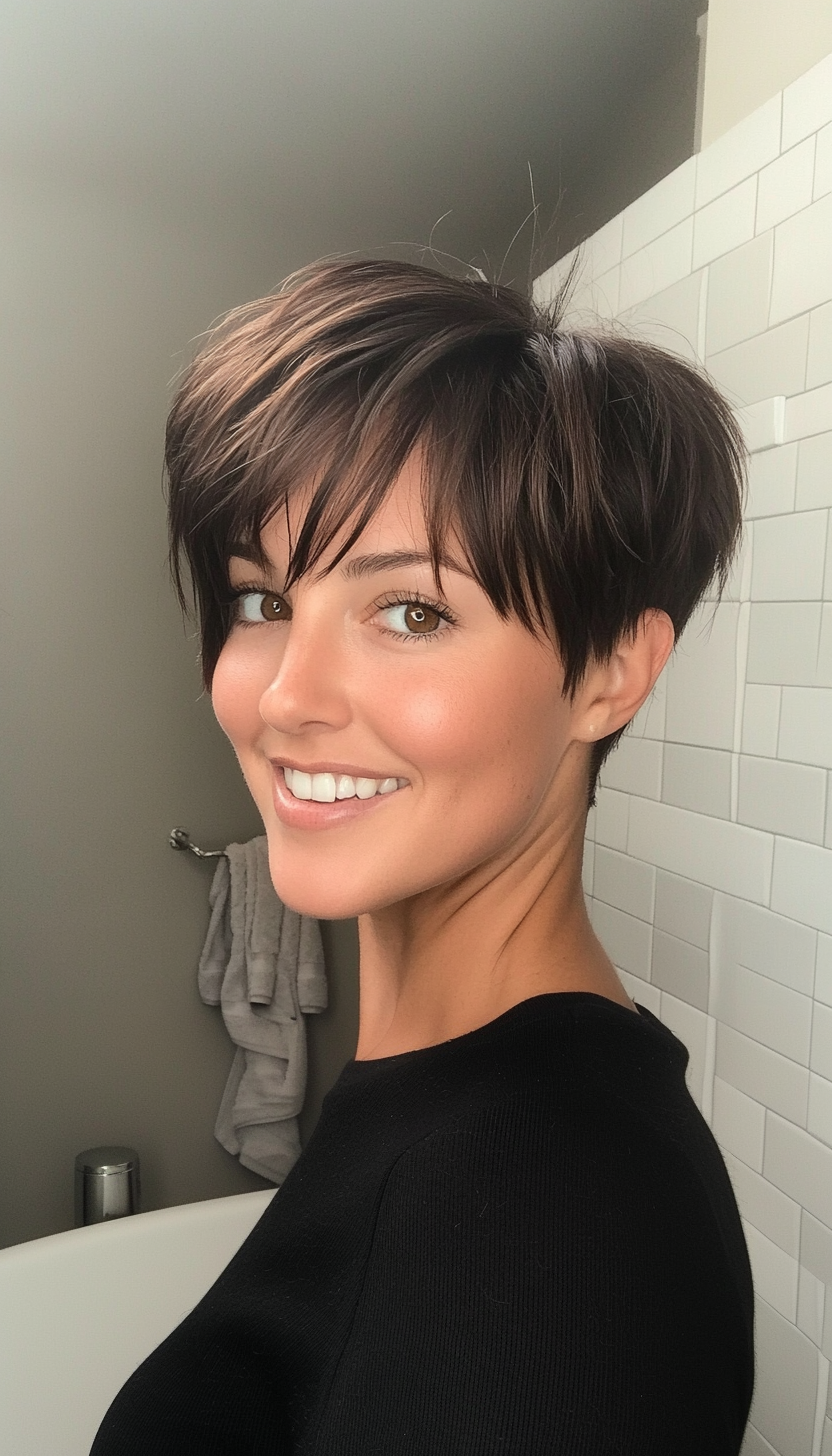 25. Feminine Fringe Pixie in Dark Honey (Long Pixie Cuts) - Long Pixie Cuts