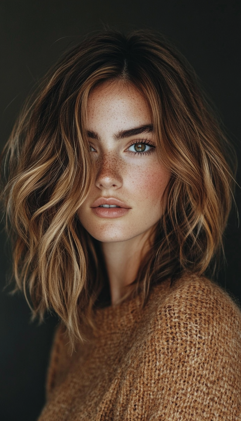 8. Caramel Balayage Layered Lob (Shorter Haircuts For Women) - Shorter Haircuts For Women