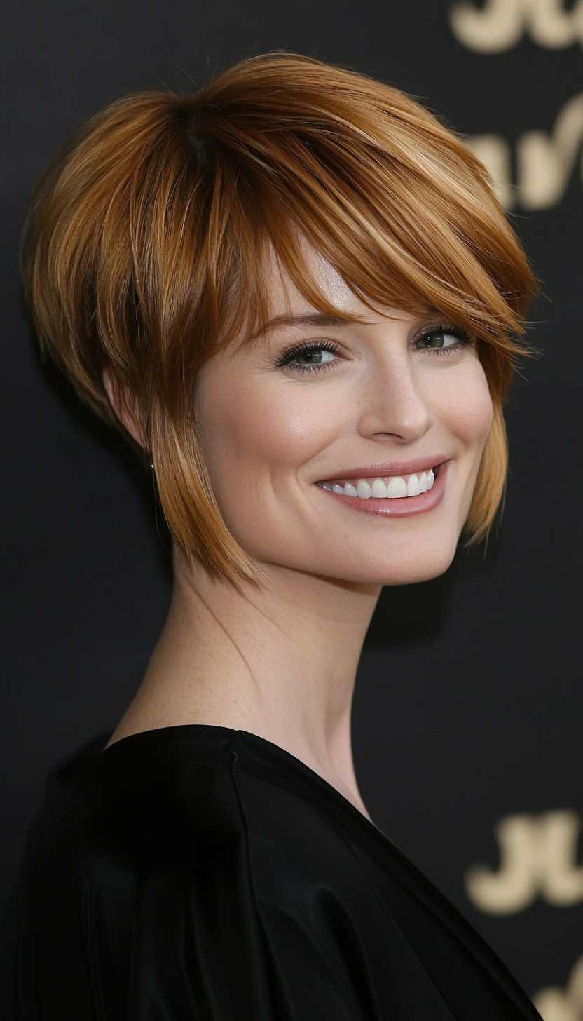15. Warm Honey Pixie with Long Bangs (Shorter Haircuts For Women) - Shorter Haircuts For Women