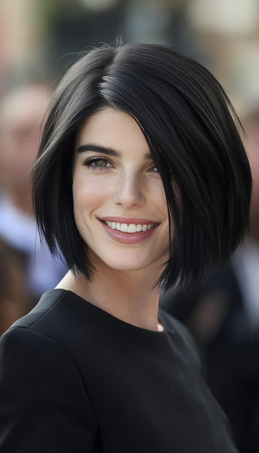 17. Deep Black Angled Bob (Shorter Haircuts For Women) - Shorter Haircuts For Women