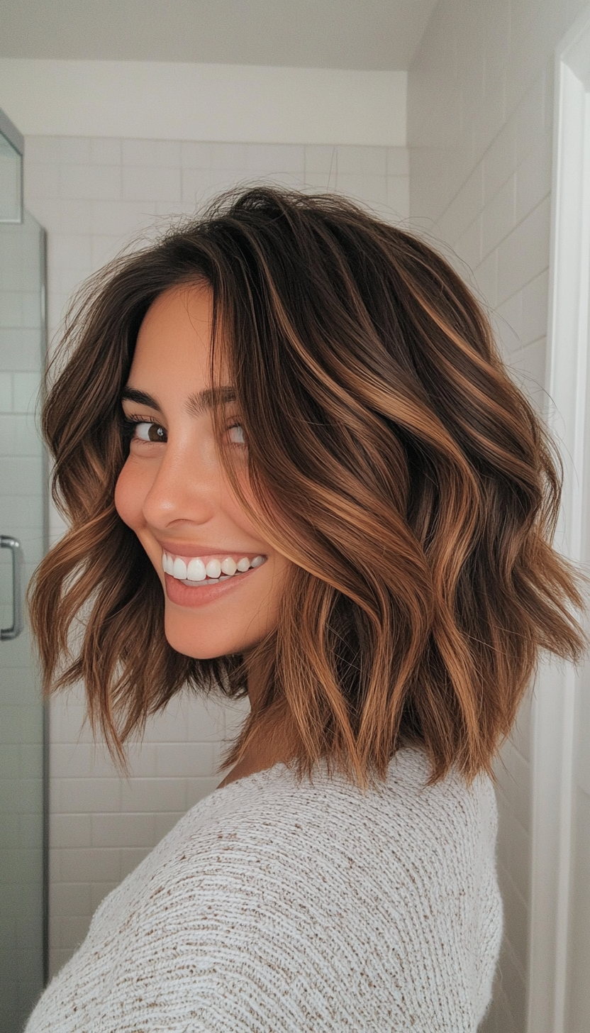 24. Honey Brown Choppy Lob (Shorter Haircuts For Women) - Shorter Haircuts For Women