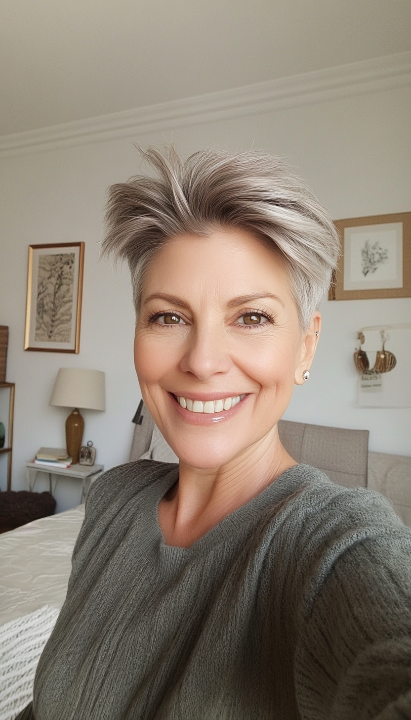 1. Classic Feathered Pixie with Salt and Pepper (Pixie Hairstyles For Women Over 50) - Pixie Hairstyles For Women Over 50