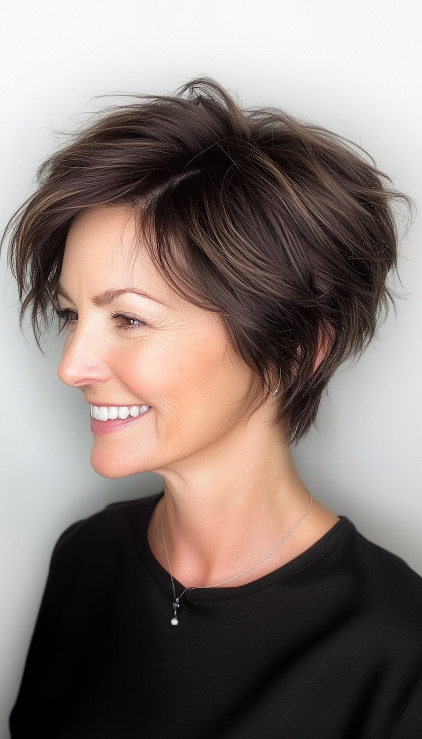 4. Tousled Pixie with Dark Espresso Base (Pixie Hairstyles For Women Over 50) - Pixie Hairstyles For Women Over 50