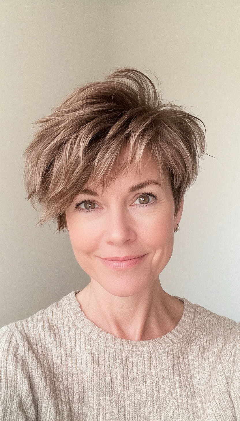 11. Textured Pixie with Soft Caramel Highlights (Pixie Hairstyles For Women Over 50) - Pixie Hairstyles For Women Over 50
