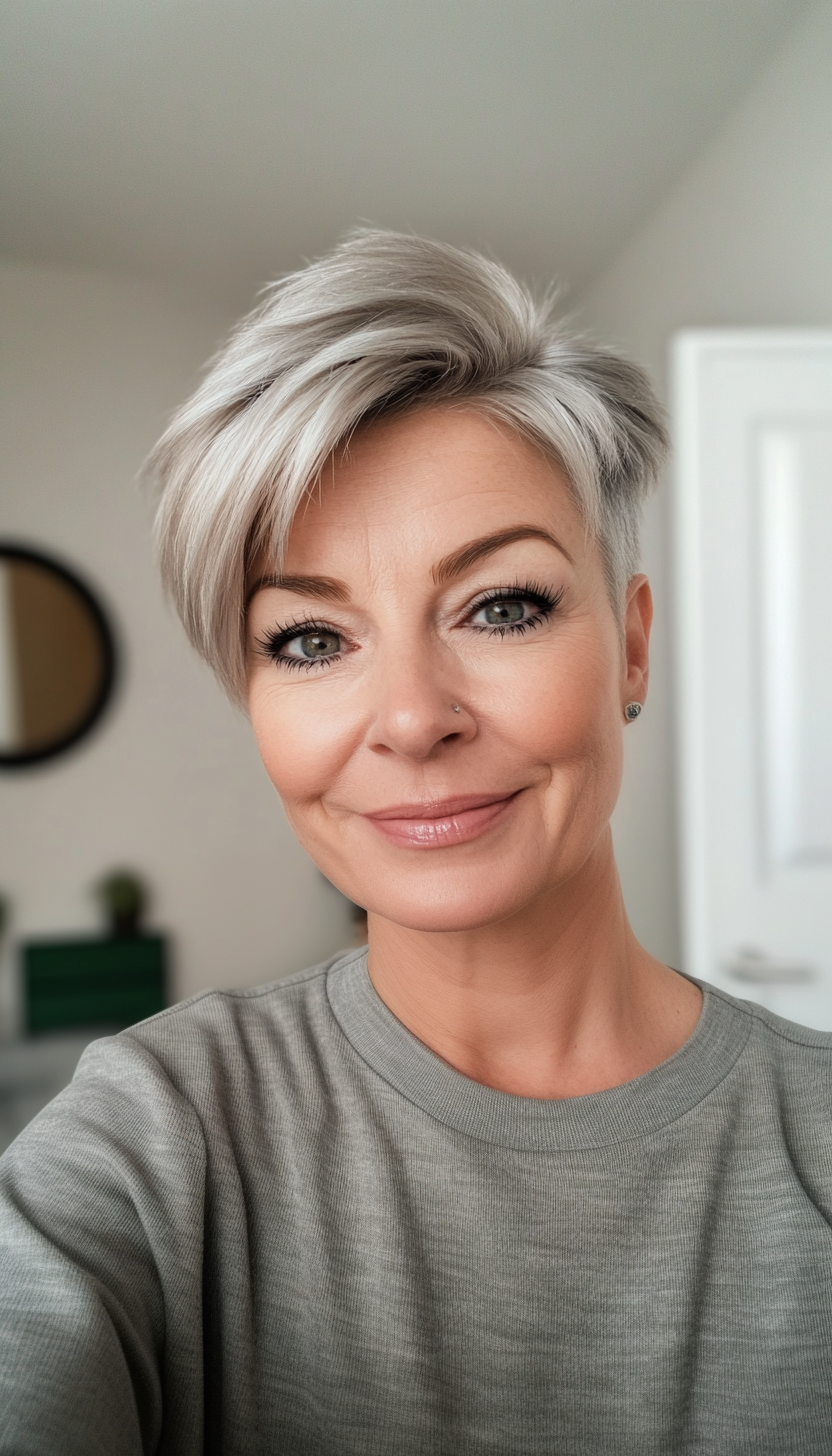 12. Undercut Pixie in Cool Silver (Pixie Hairstyles For Women Over 50) - Pixie Hairstyles For Women Over 50