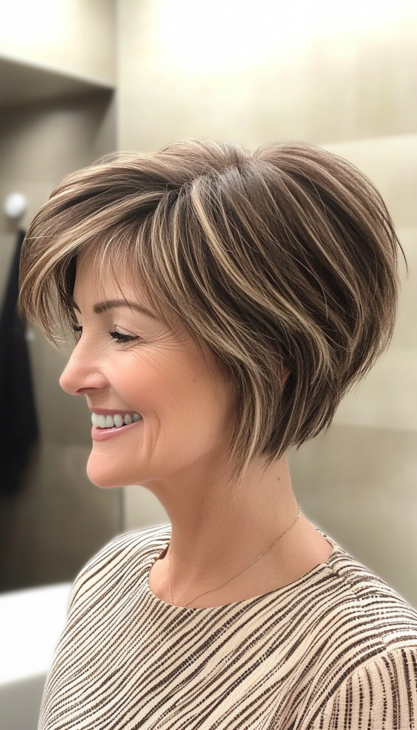 13. Sweeping Pixie with Mocha Brown Undertones (Pixie Hairstyles For Women Over 50) - Pixie Hairstyles For Women Over 50