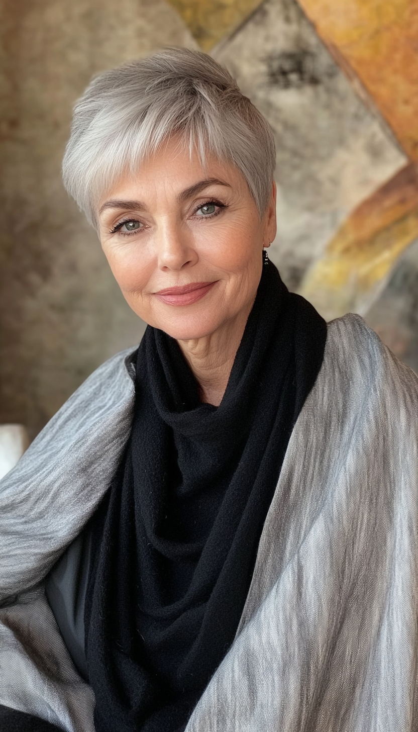 14. Fringed Pixie in Soft Charcoal Gray (Pixie Hairstyles For Women Over 50) - Pixie Hairstyles For Women Over 50