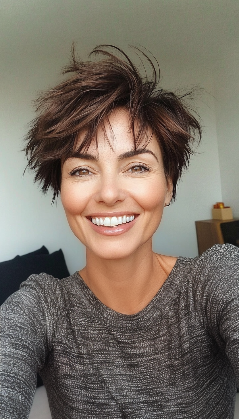 15. Messy Pixie with Dark Mahogany Hues (Pixie Hairstyles For Women Over 50) - Pixie Hairstyles For Women Over 50