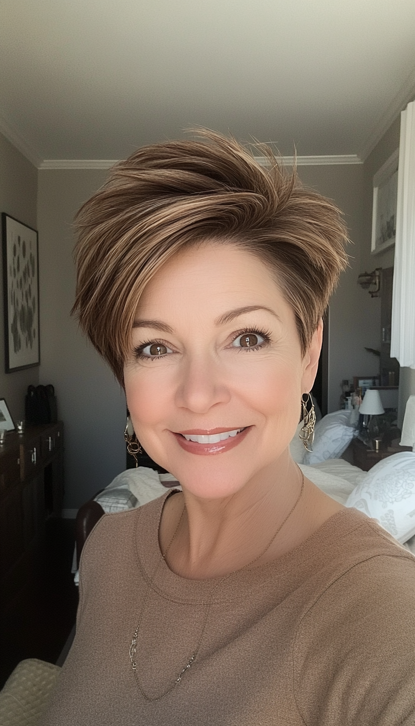 16. Sculpted Pixie in Earthy Brown (Pixie Hairstyles For Women Over 50) - Pixie Hairstyles For Women Over 50