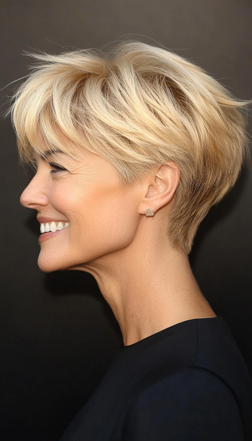 19. Wispy Pixie with Golden Blonde Highlights (Pixie Hairstyles For Women Over 50) - Pixie Hairstyles For Women Over 50