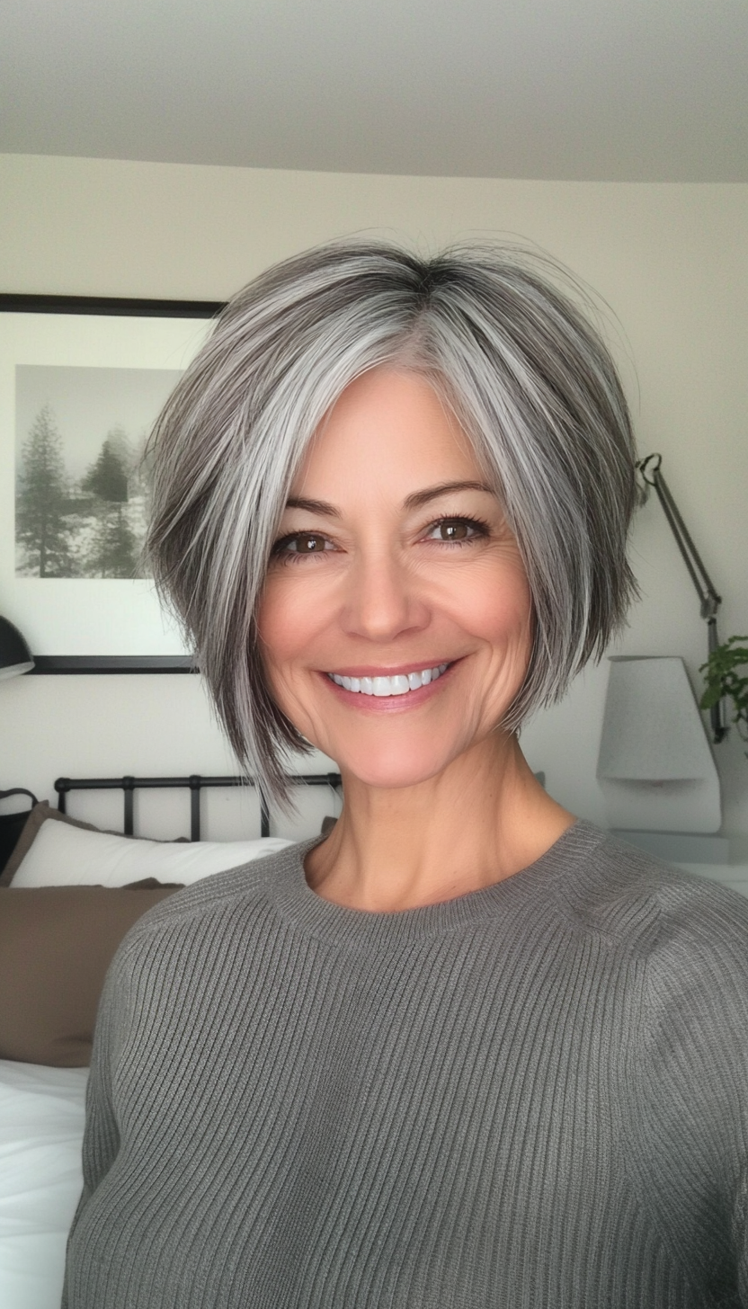 20. Layered Side-Swept Pixie in Cool Ash Gray (Pixie Hairstyles For Women Over 50) - Pixie Hairstyles For Women Over 50