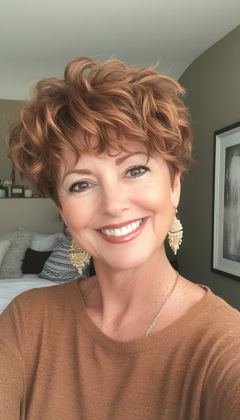 21. Short Wavy Pixie in Cinnamon Brown (Pixie Hairstyles For Women Over 50) - Pixie Hairstyles For Women Over 50
