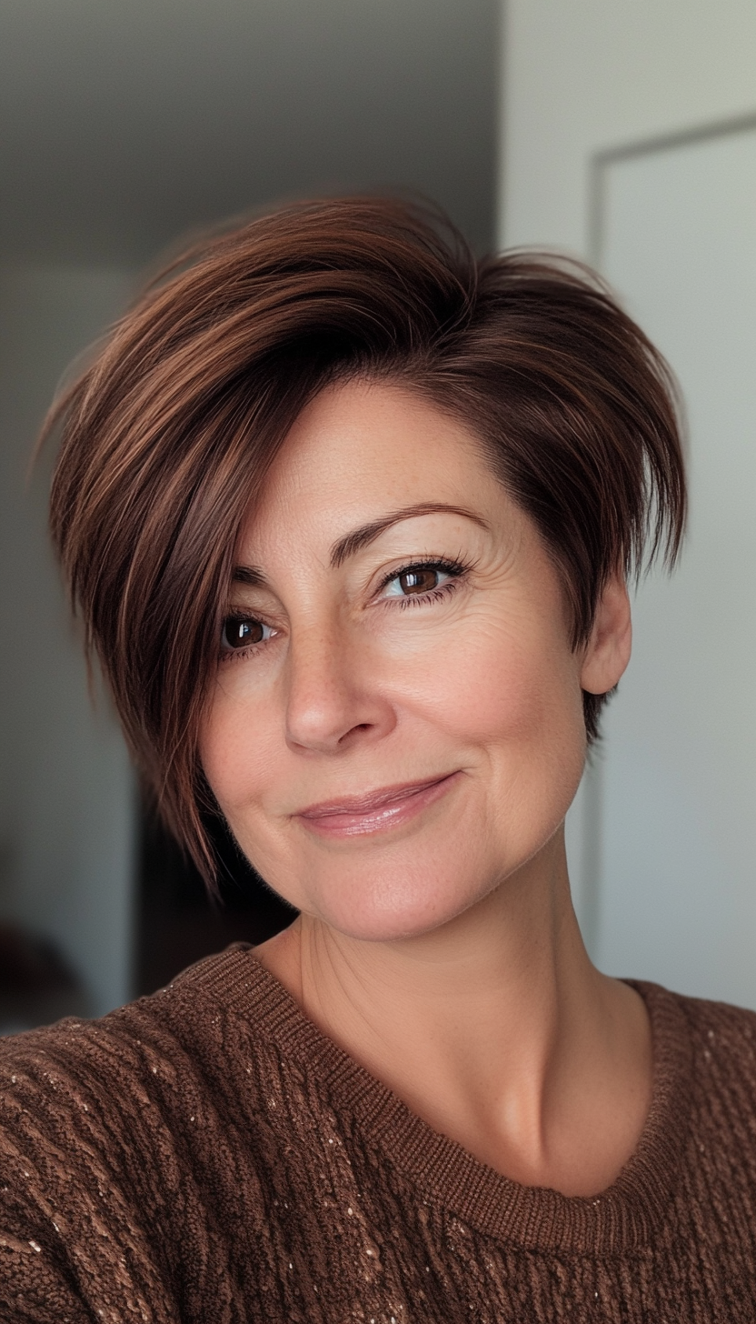 22. Edgy Asymmetrical Pixie in Natural Brunette (Pixie Hairstyles For Women Over 50) - Pixie Hairstyles For Women Over 50