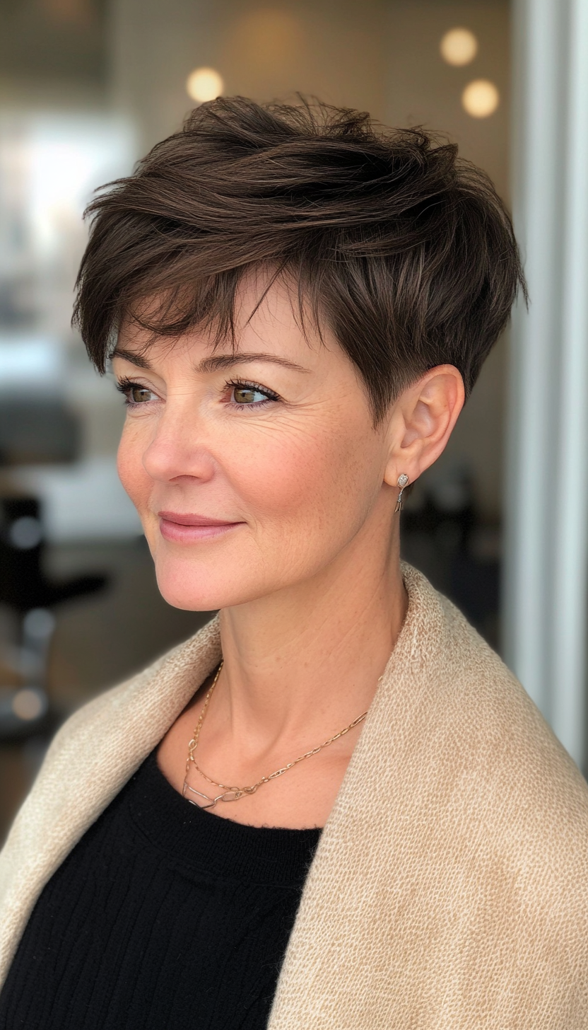 23. Long Top Pixie in Dark Chocolate Brown (Pixie Hairstyles For Women Over 50) - Pixie Hairstyles For Women Over 50