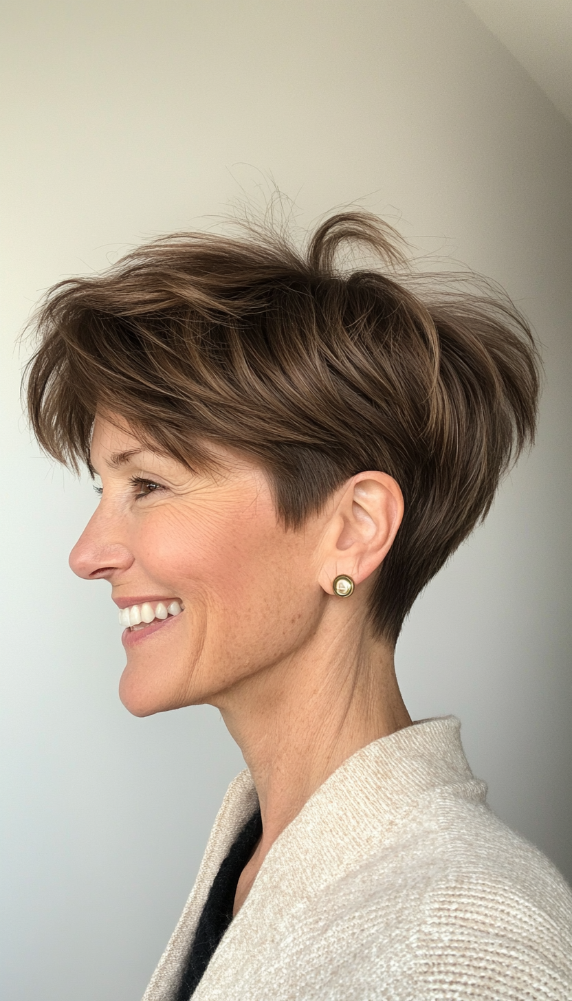 25. Sassy Layered Pixie in Neutral Brown (Pixie Hairstyles For Women Over 50) - Pixie Hairstyles For Women Over 50