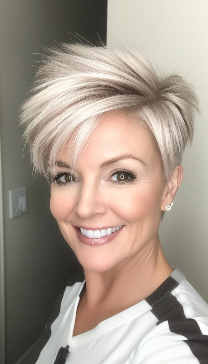 26. Straight Pixie with Ash Platinum Highlights (Pixie Hairstyles For Women Over 50) - Pixie Hairstyles For Women Over 50