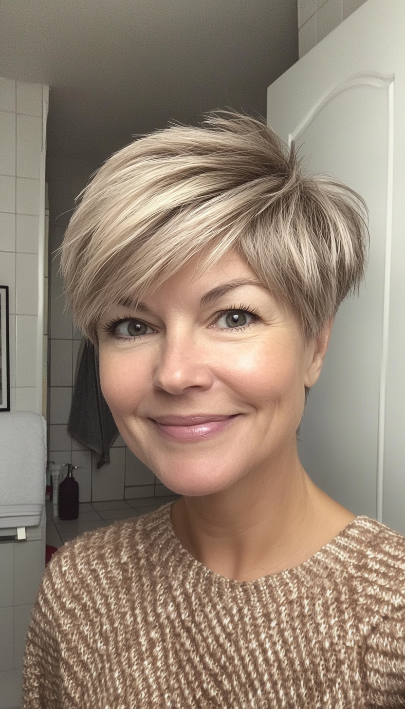 27. Pixie with Micro Bangs in Soft Beige Blonde (Pixie Hairstyles For Women Over 50) - Pixie Hairstyles For Women Over 50