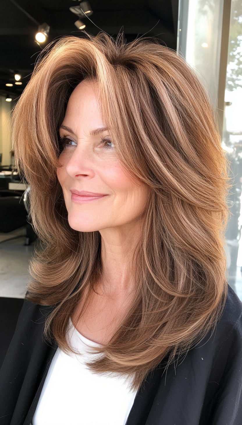 6. Textured Shag in Caramel Brown (Hairstyles For Older Women With Thin Hair) - Hairstyles For Older Women With Thin Hair