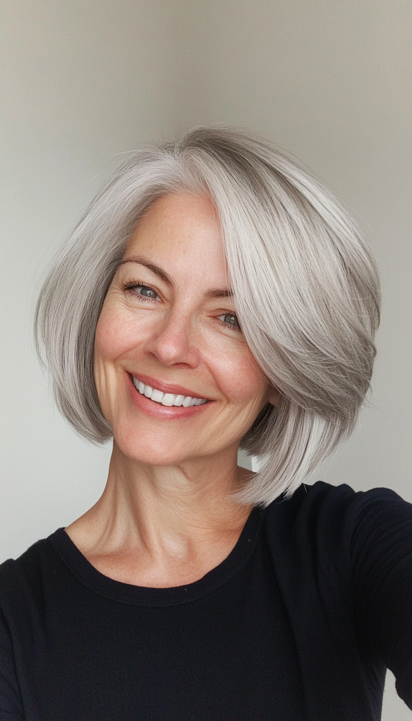 14. Stacked Bob in Silver Gray (Hairstyles For Older Women With Thin Hair) - Hairstyles For Older Women With Thin Hair