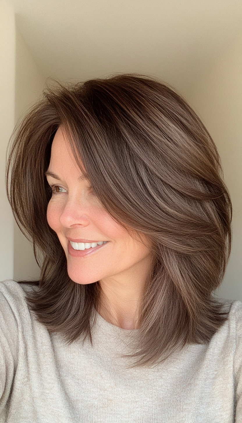 26. Feathered Lob in Dark Ash Brown (Hairstyles For Older Women With Thin Hair) - Hairstyles For Older Women With Thin Hair