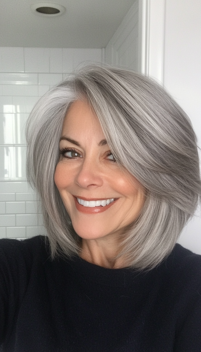 1. Classic Feathered Bob in Ash Gray (Hairstyles For Older Women With Thin Hair) - Hairstyles For Older Women With Thin Hair