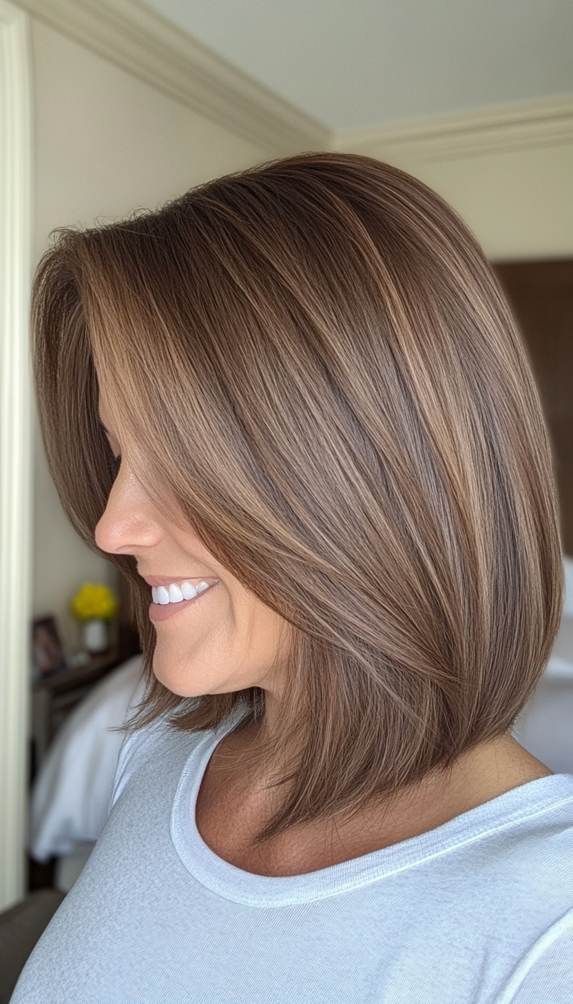 3. Sleek Long Bob in Warm Brunette (Hairstyles For Older Women With Thin Hair) - Hairstyles For Older Women With Thin Hair