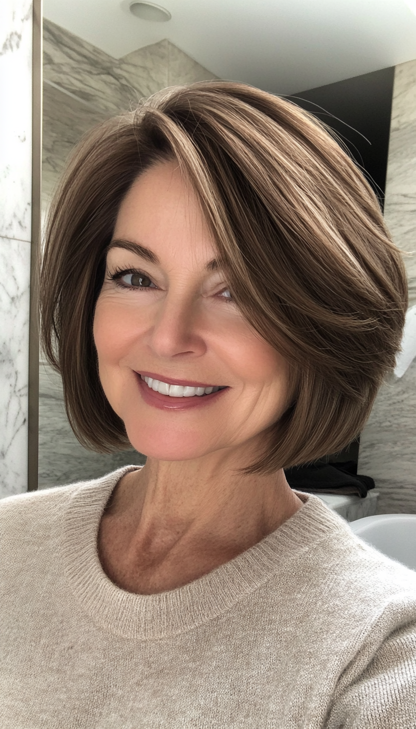 1. Chin-Length Layered Bob in Ash Brown (Short Hairstyles For Women Over 50 With Thin Hair) - Short Hairstyles For Women Over 50 With Thin Hair