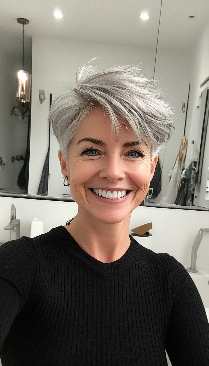 2. Pixie Cut with Wispy Layers in Silver (Short Hairstyles For Women Over 50 With Thin Hair) - Short Hairstyles For Women Over 50 With Thin Hair